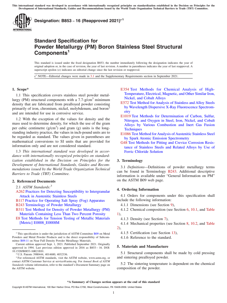 ASTM B853-16(2021)e1 - Standard Specification for  Powder Metallurgy (PM) Boron Stainless Steel Structural Components