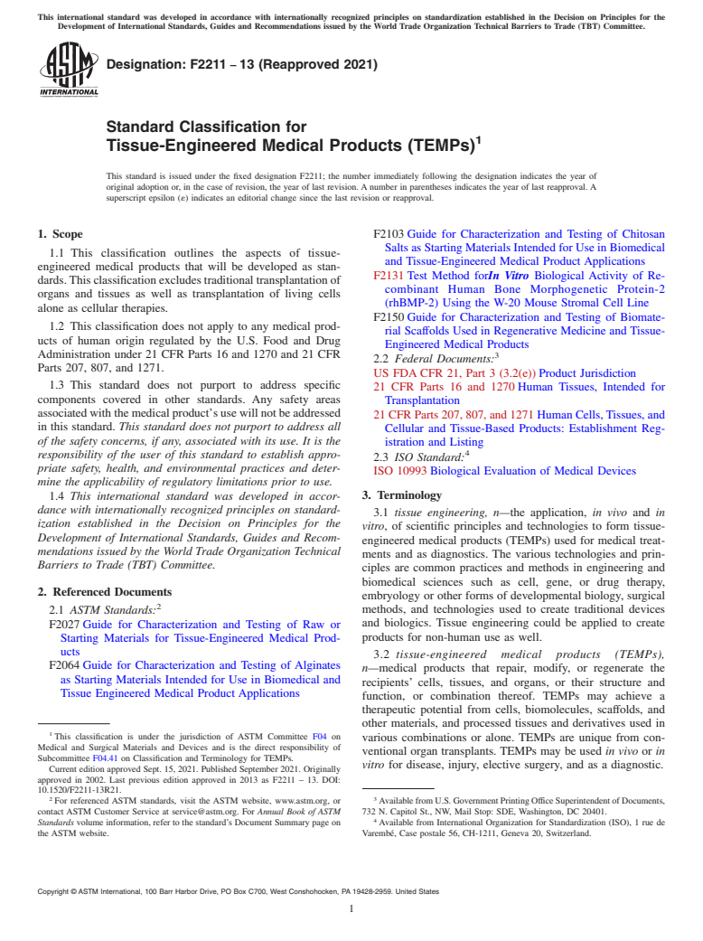 ASTM F2211-13(2021) - Standard Classification for Tissue-Engineered Medical Products (TEMPs)