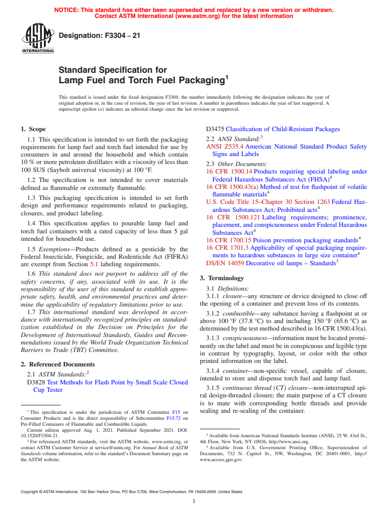 ASTM F3304-21 - Standard Specification for Lamp Fuel and Torch Fuel Packaging