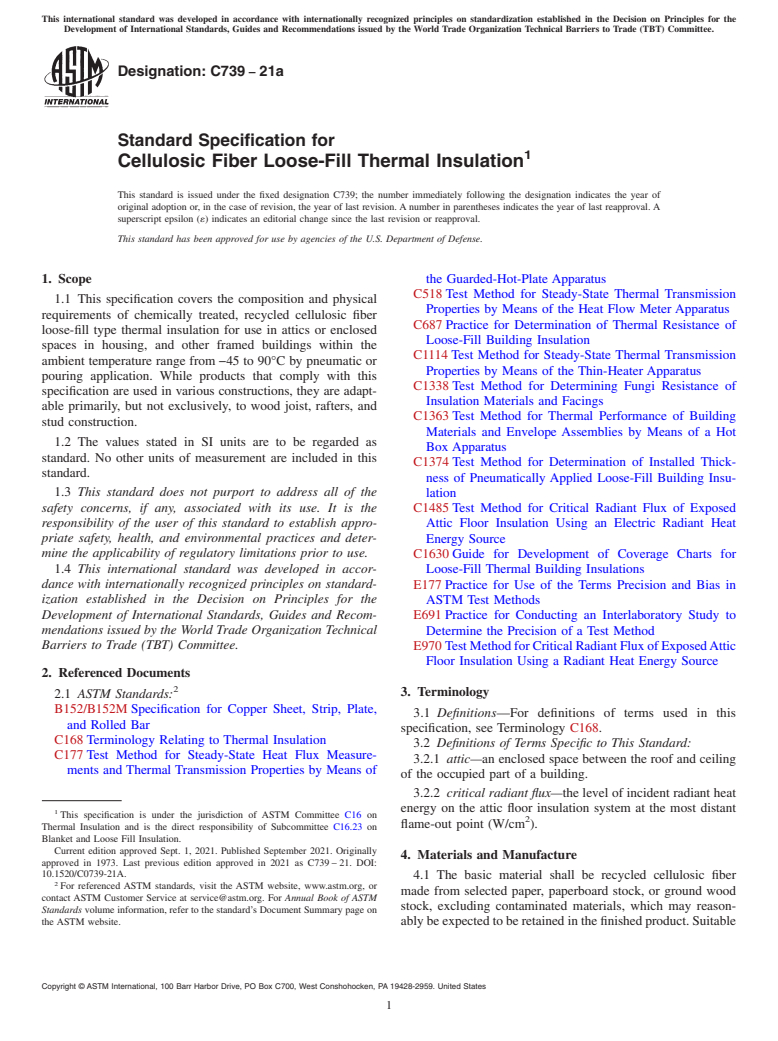ASTM C739-21a - Standard Specification for Cellulosic Fiber Loose-Fill Thermal Insulation