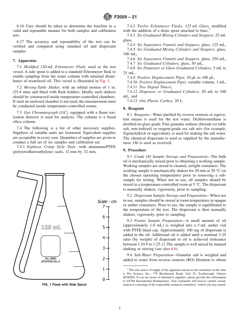 ASTM F2059-21 - Standard Test Method for  Laboratory Oil Spill Dispersant Effectiveness Using the Swirling  Flask