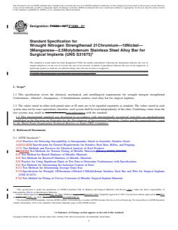 ASTM F1586-21 REDLINE ASTM F1586-21 - Standard Specification for Wrought Nitrogen Strengthened 21Chromium—10Nickel—3Manganese—2.5Molybdenum Stainless Steel Alloy Bar for Surgical Implants (UNS S31675)