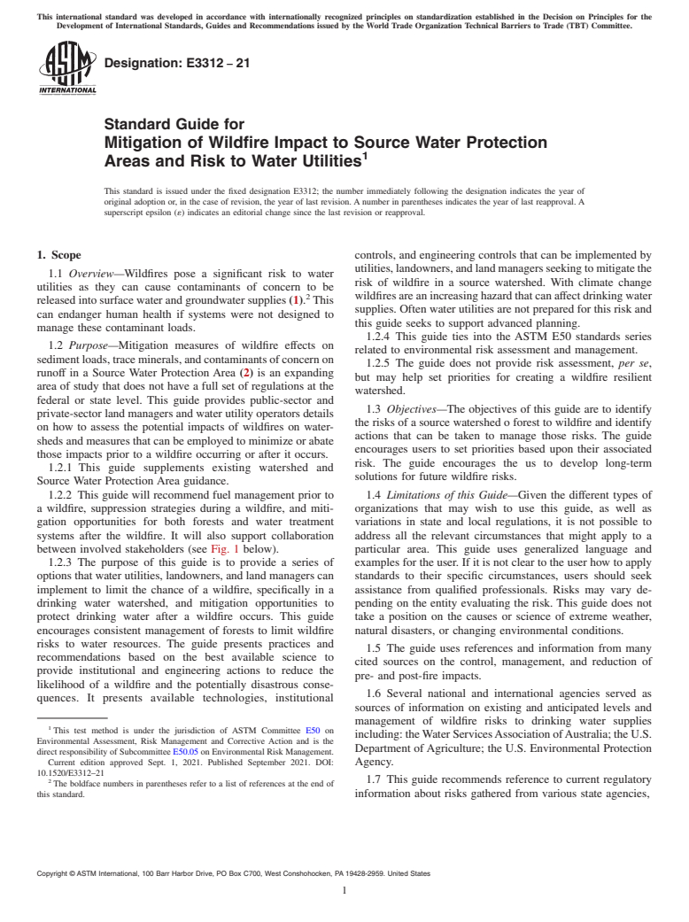 ASTM E3312-21 - Standard Guide for Mitigation of Wildfire Impact to Source Water Protection Areas  and Risk to Water Utilities