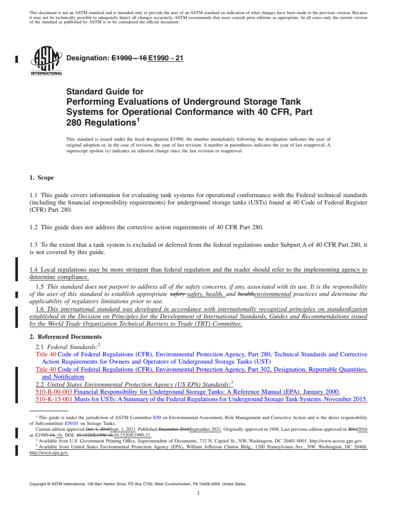 REDLINE ASTM E1990-21 - Standard Guide for  Performing Evaluations of Underground Storage Tank Systems  for Operational Conformance with 40 CFR, Part 280 Regulations