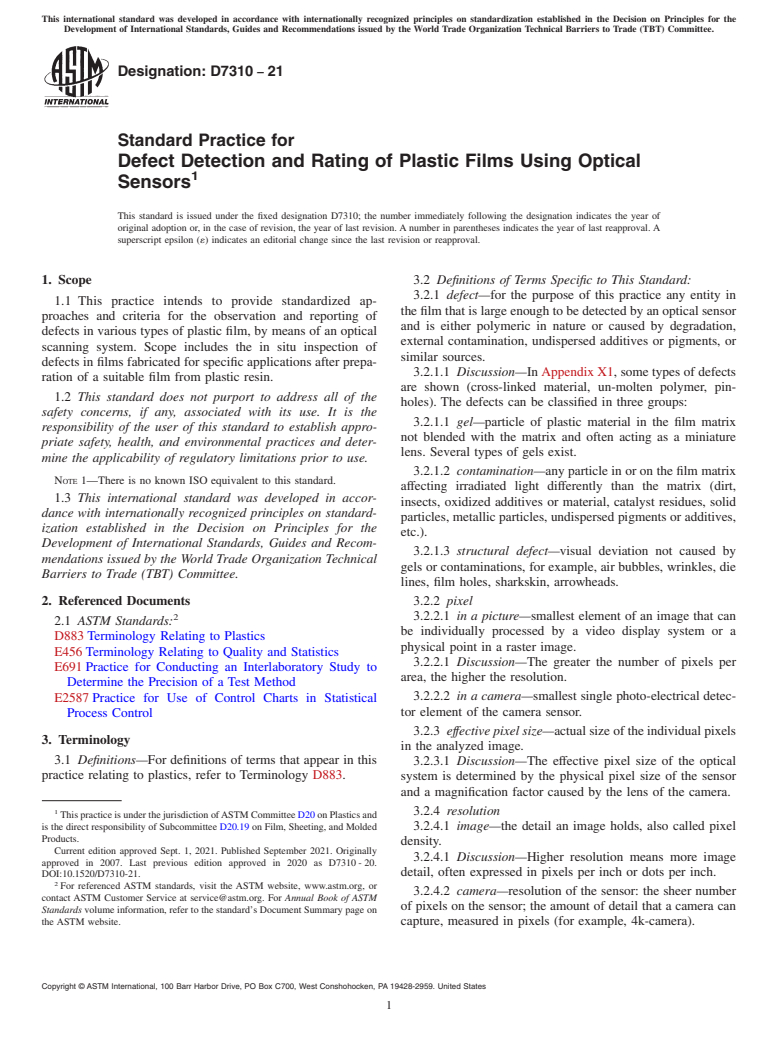 ASTM D7310-21 - Standard Practice for Defect Detection and Rating of Plastic Films Using Optical  Sensors