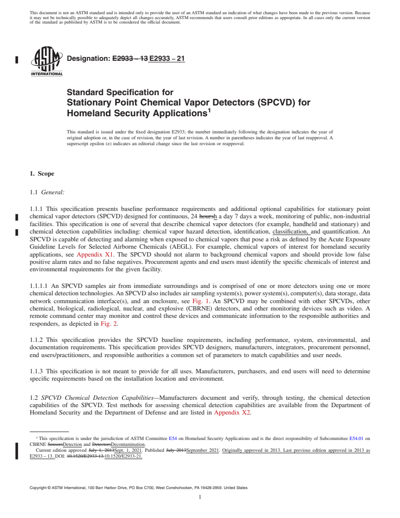 REDLINE ASTM E2933-21 - Standard Specification for Stationary Point Chemical Vapor Detectors (SPCVD) for Homeland  Security Applications