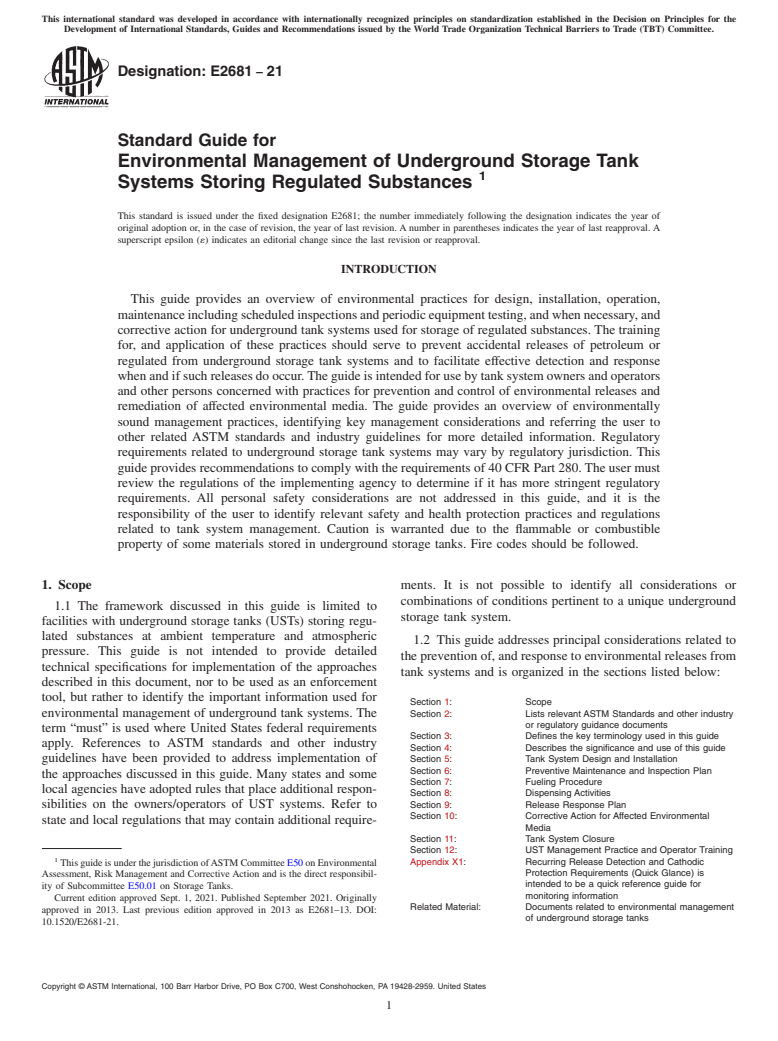 ASTM E2681-21 - Standard Guide for Environmental Management of Underground Storage Tank Systems  Storing Regulated Substances