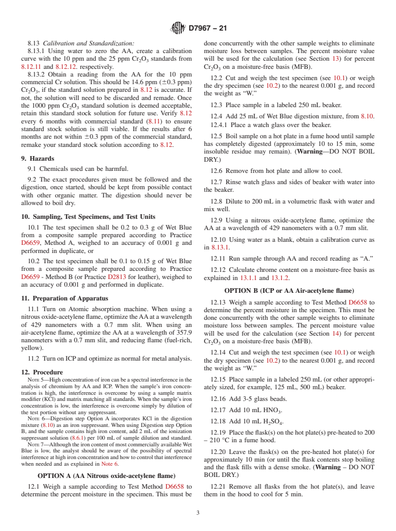 ASTM D7967-21 - Standard Test Method for Analysis of Chrome Content (as Cr<inf>2</inf>O<inf>3</inf>)  in Wet Blue using Atomic Absorption or ICP