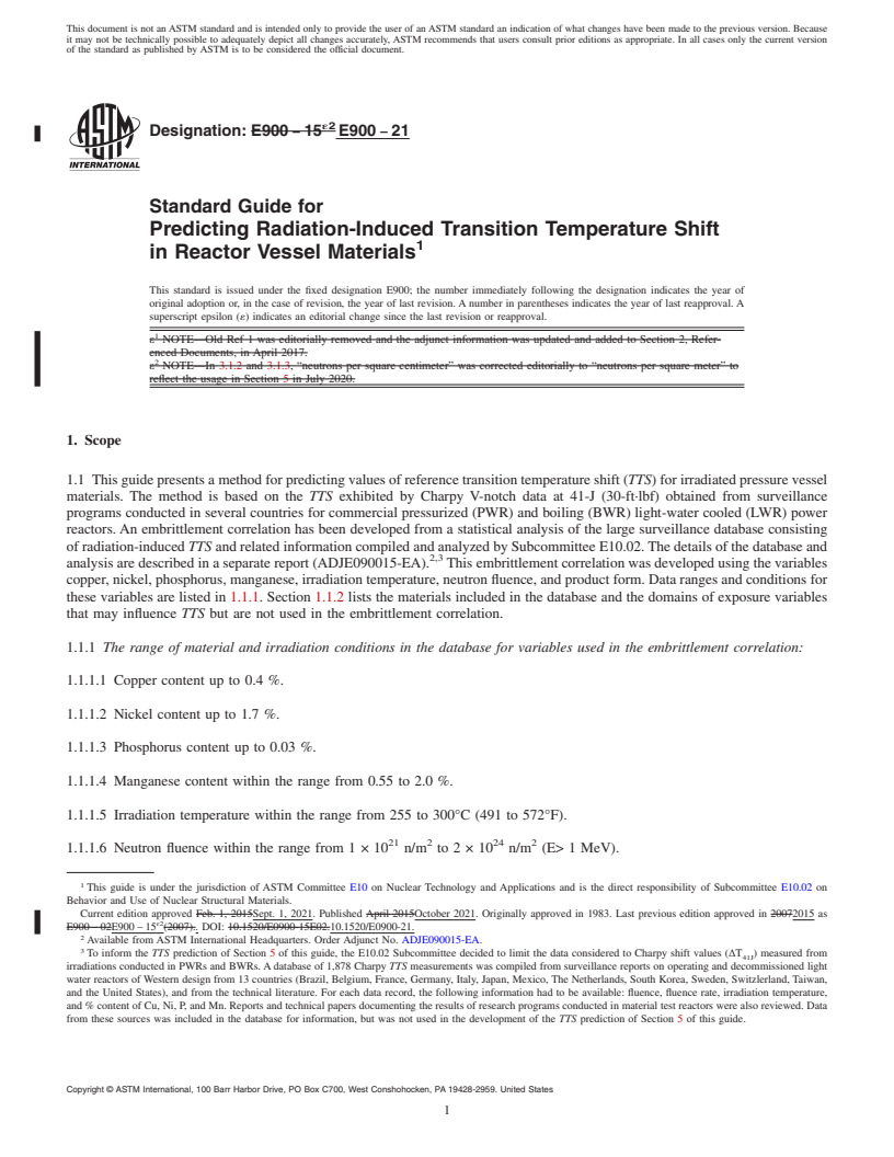 REDLINE ASTM E900-21 - Standard Guide for Predicting Radiation-Induced Transition Temperature Shift in  Reactor Vessel Materials