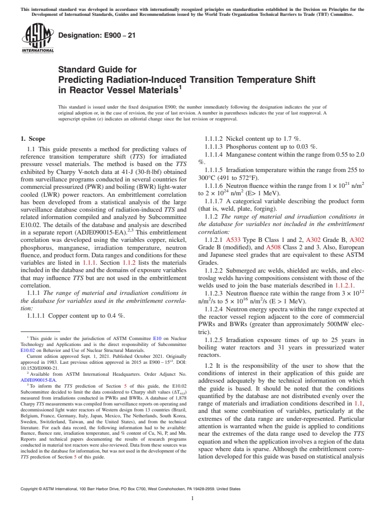 ASTM E900-21 - Standard Guide for Predicting Radiation-Induced Transition Temperature Shift in  Reactor Vessel Materials