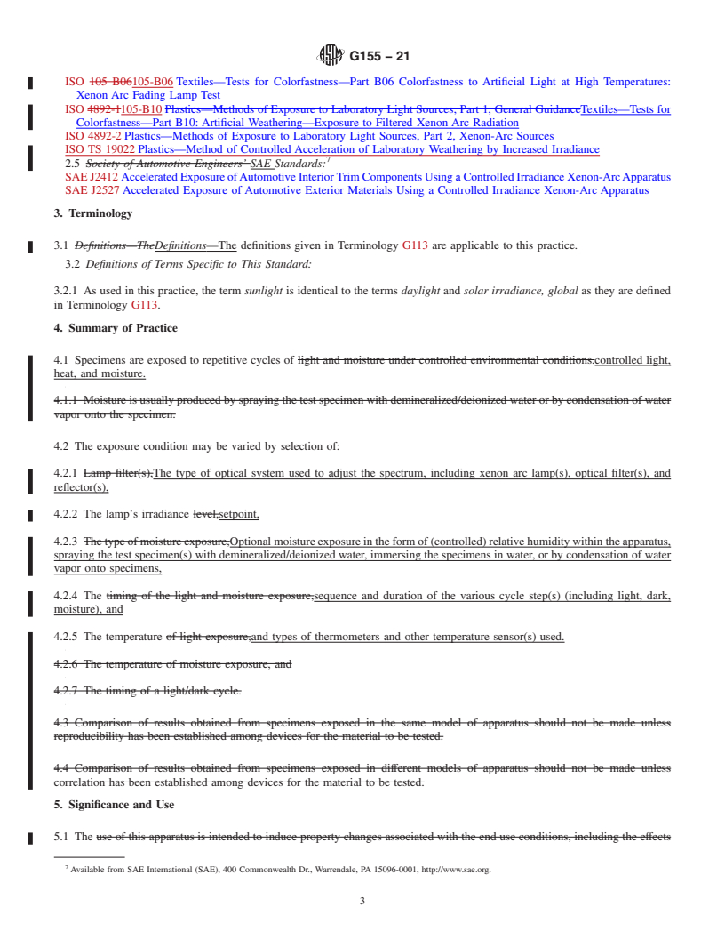 REDLINE ASTM G155-21 - Standard Practice for  Operating Xenon Arc Lamp Apparatus for Exposure of Materials