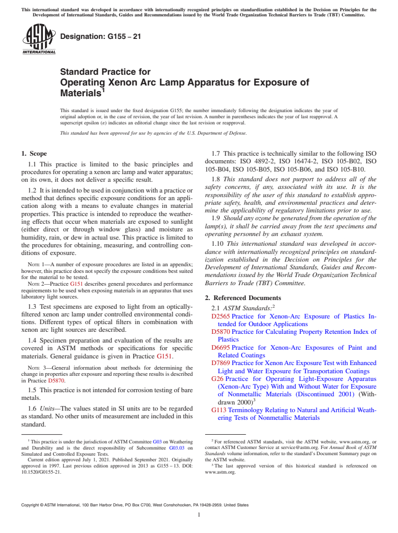 ASTM G155-21 - Standard Practice for  Operating Xenon Arc Lamp Apparatus for Exposure of Materials