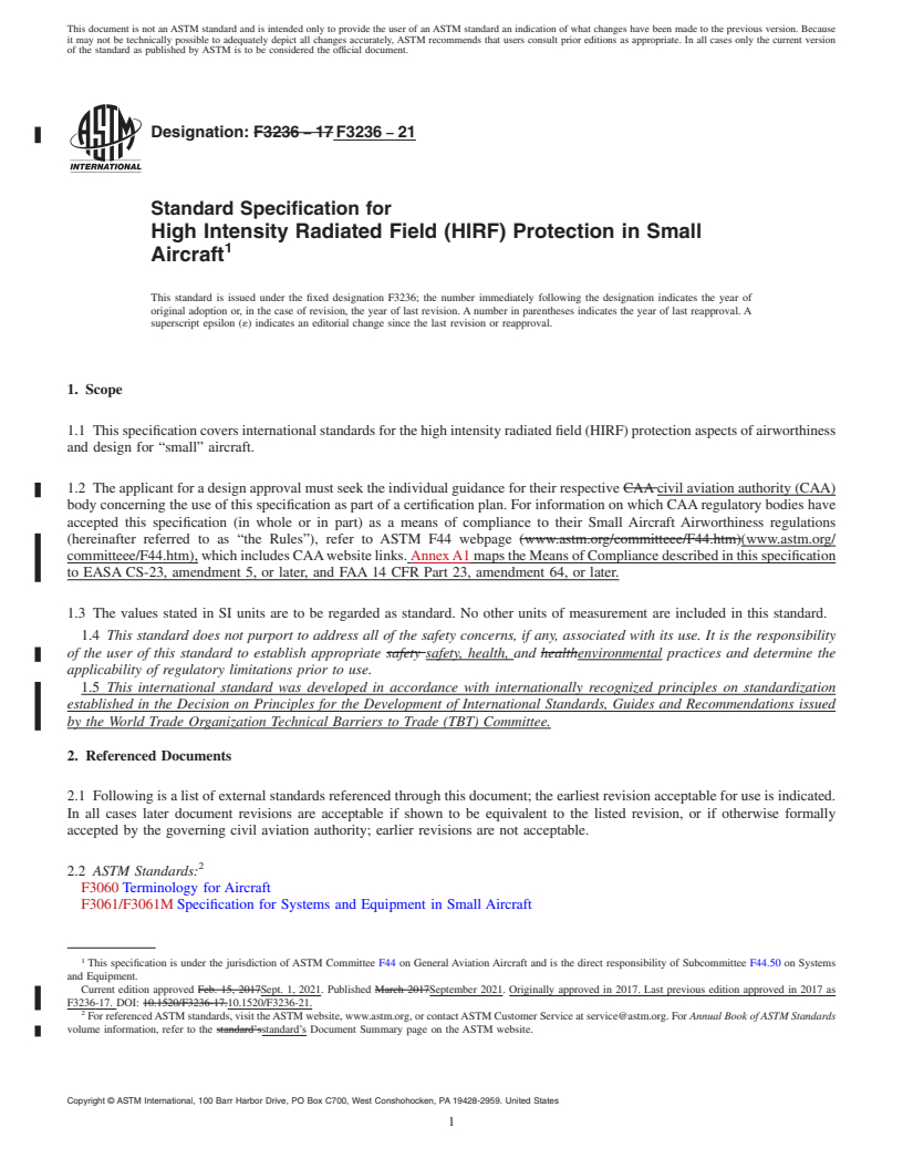 REDLINE ASTM F3236-21 - Standard Specification for High Intensity Radiated Field (HIRF) Protection in Small Aircraft