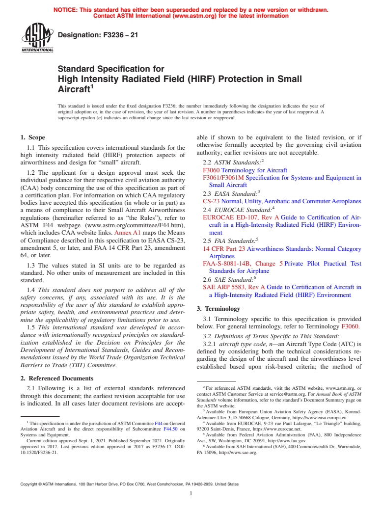 ASTM F3236-21 - Standard Specification for High Intensity Radiated Field (HIRF) Protection in Small Aircraft