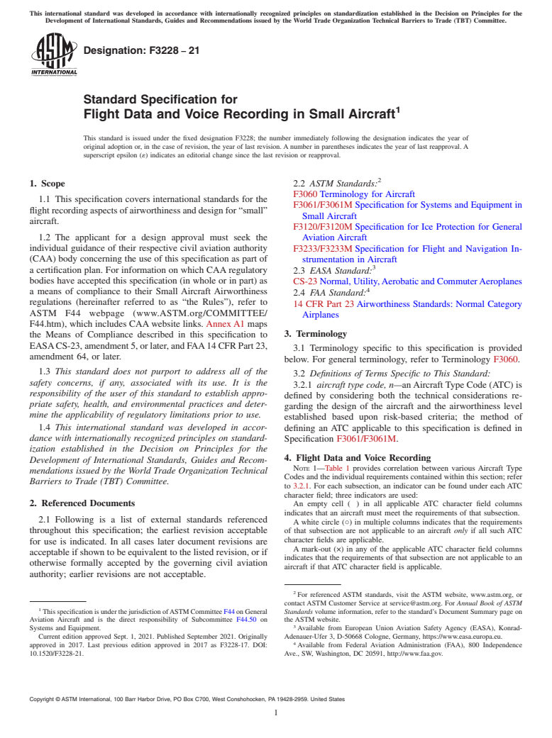 ASTM F3228-21 - Standard Specification for Flight Data and Voice Recording in Small Aircraft