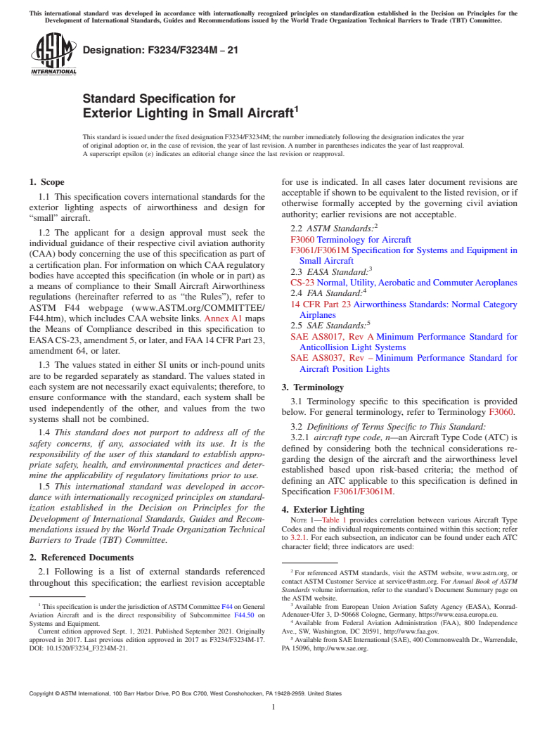 ASTM F3234/F3234M-21 - Standard Specification for Exterior Lighting in Small Aircraft