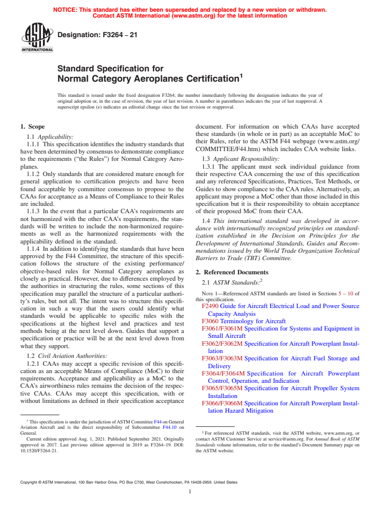 ASTM F3264-21 - Standard Specification for Normal Category Aeroplanes Certification