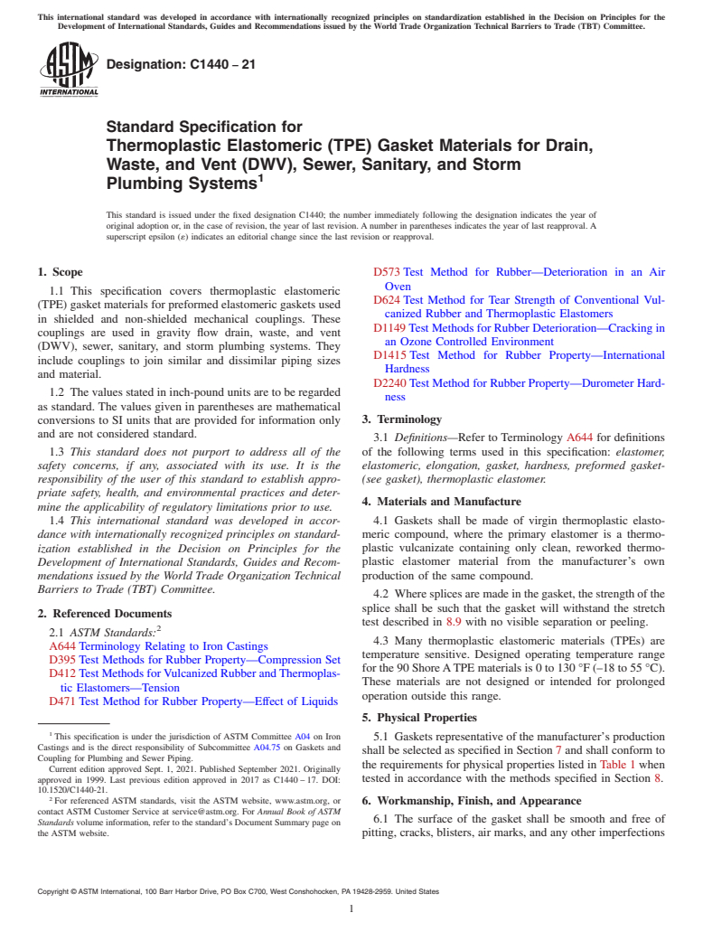 ASTM C1440-21 - Standard Specification for  Thermoplastic Elastomeric (TPE) Gasket Materials for Drain,  Waste, and Vent (DWV), Sewer, Sanitary, and Storm Plumbing Systems
