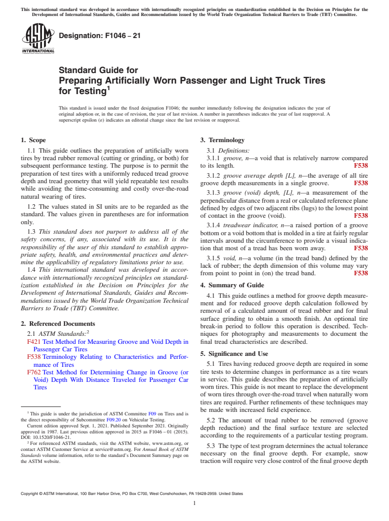 ASTM F1046-21 - Standard Guide for Preparing Artificially Worn Passenger and Light Truck Tires  for Testing