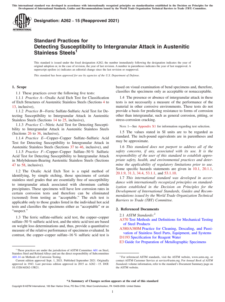 ASTM A262-15(2021) - Standard Practices for Detecting Susceptibility to Intergranular Attack in Austenitic Stainless Steels