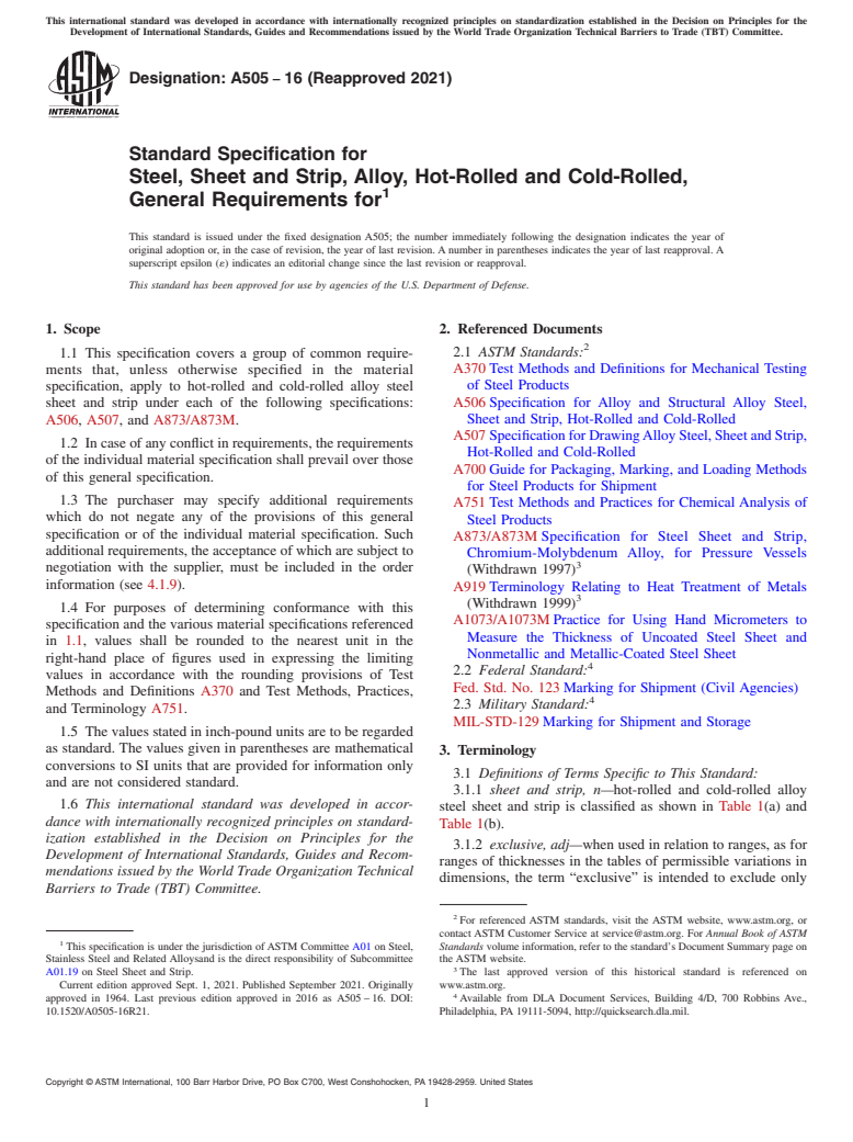 ASTM A505-16(2021) - Standard Specification for  Steel, Sheet and Strip, Alloy, Hot-Rolled and Cold-Rolled,  General Requirements for