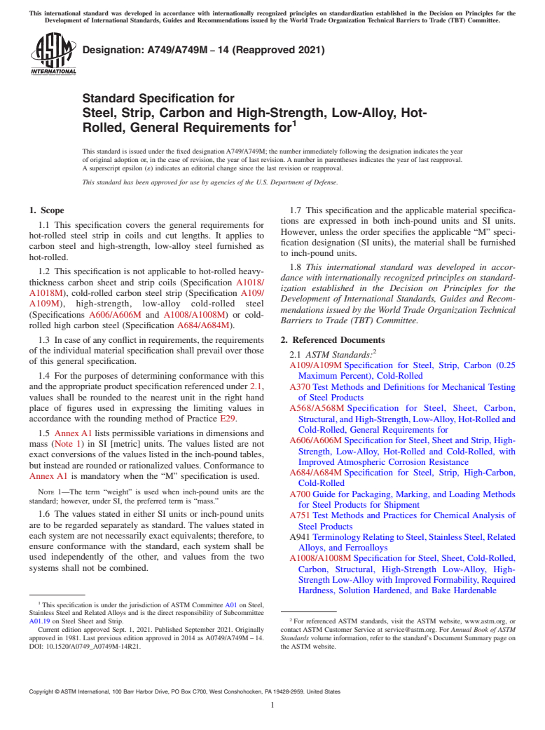 ASTM A749/A749M-14(2021) - Standard Specification for  Steel, Strip, Carbon and High-Strength, Low-Alloy, Hot-Rolled,  General Requirements for