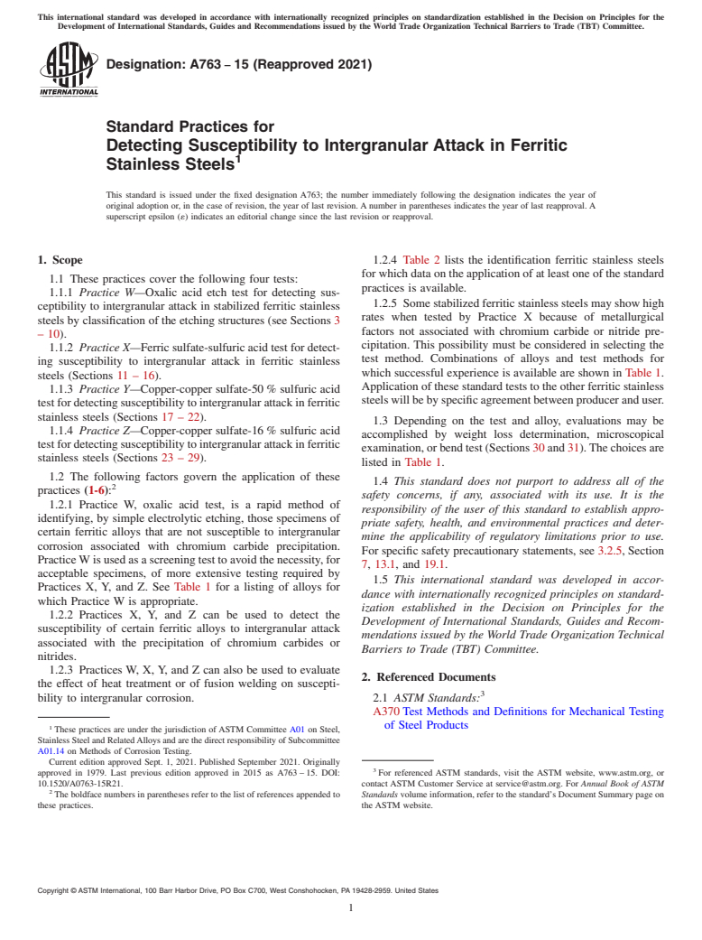 ASTM A763-15(2021) - Standard Practices for  Detecting Susceptibility to Intergranular Attack in Ferritic Stainless Steels