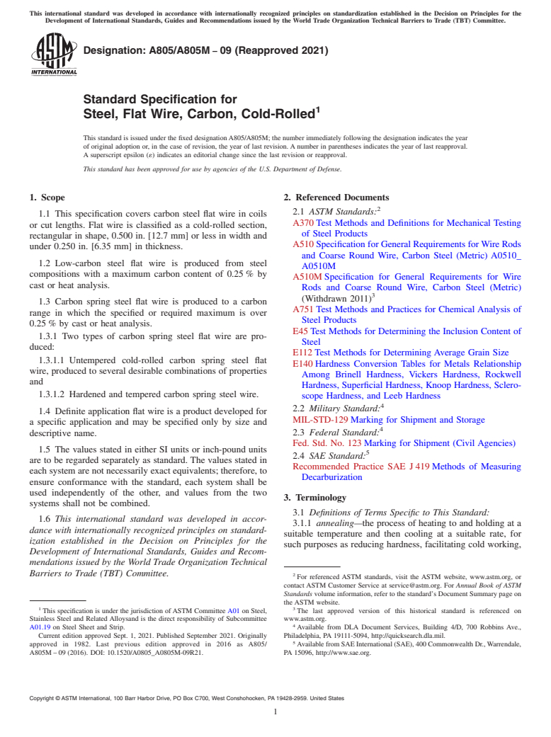 ASTM A805/A805M-09(2021) - Standard Specification for  Steel, Flat Wire, Carbon, Cold-Rolled