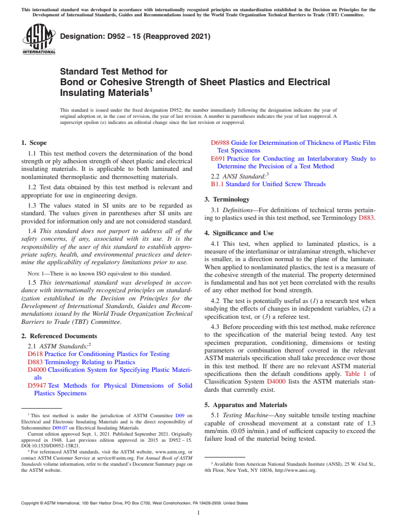 ASTM D952-15(2021) - Standard Test Method for  Bond or Cohesive Strength of Sheet Plastics and Electrical  Insulating Materials