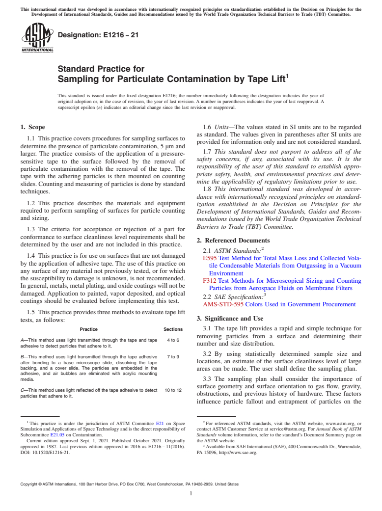 ASTM E1216-21 - Standard Practice for Sampling for Particulate Contamination by Tape Lift