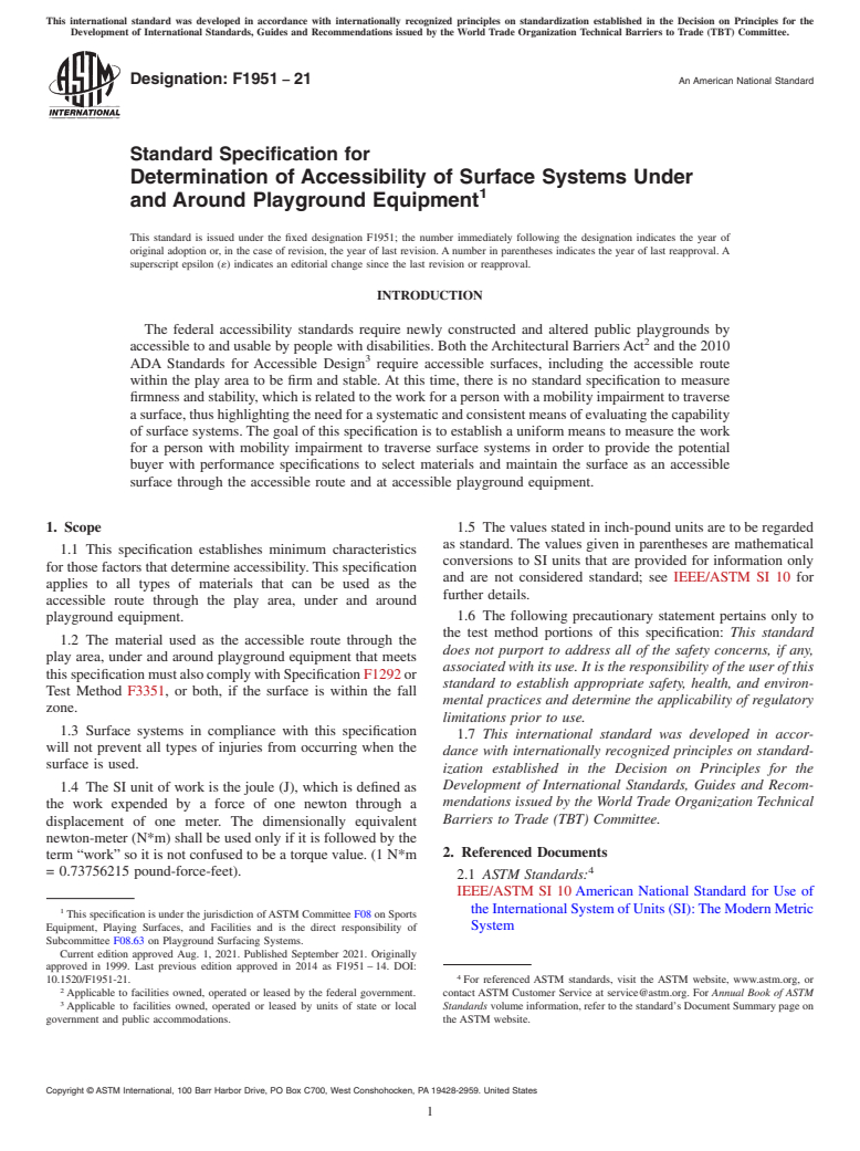 ASTM F1951-21 - Standard Specification for  Determination of Accessibility of Surface Systems Under and  Around Playground Equipment