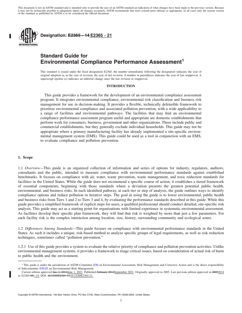 REDLINE ASTM E2365-21 - Standard Guide for  Environmental Compliance Performance Assessment