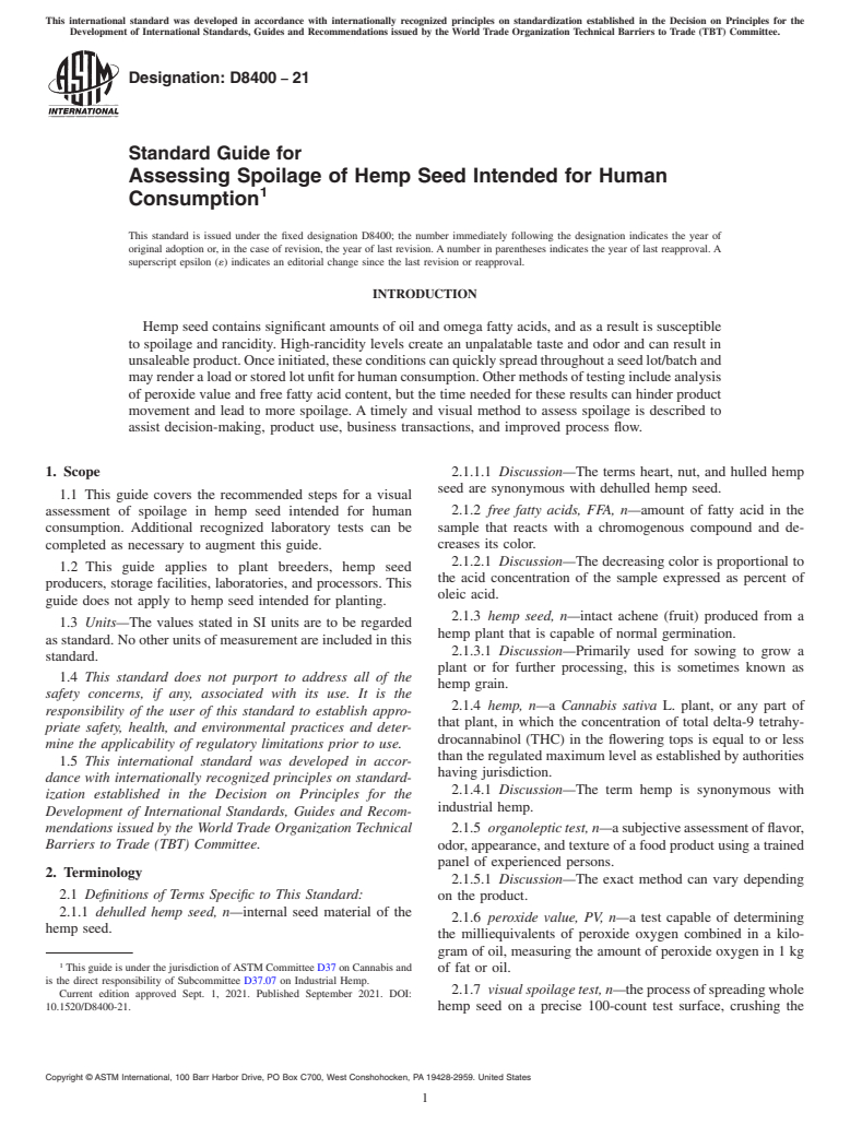 ASTM D8400-21 - Standard Guide for Assessing Spoilage of Hemp Seed Intended for Human Consumption