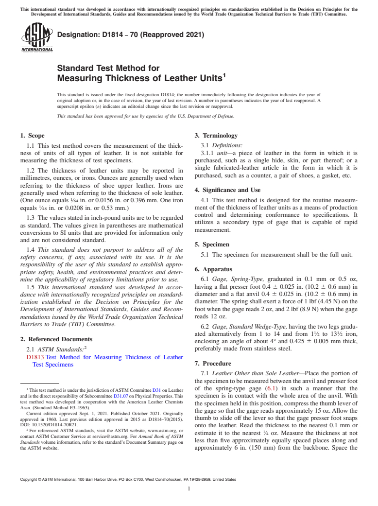 ASTM D1814-70(2021) - Standard Test Method for  Measuring Thickness of Leather Units