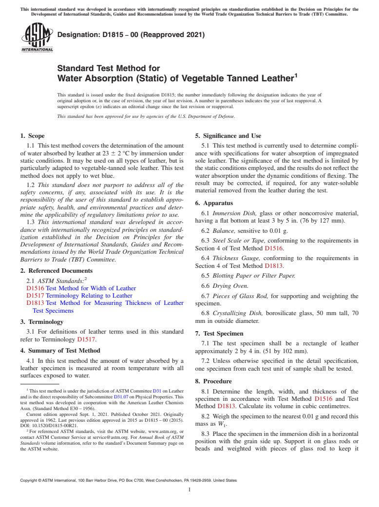 ASTM D1815-00(2021) - Standard Test Method for  Water Absorption (Static) of Vegetable Tanned Leather