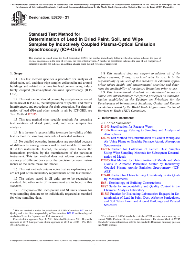 ASTM E3203-21 - Standard Test Method for Determination of Lead in Dried Paint, Soil, and Wipe Samples  by Inductively Coupled Plasma-Optical Emission Spectroscopy (ICP-OES)