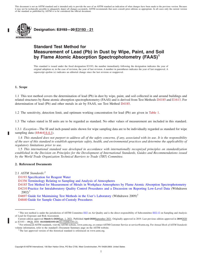 REDLINE ASTM E3193-21 - Standard Test Method for Measurement of Lead (Pb) in Dust by Wipe, Paint, and Soil by Flame Atomic Absorption Spectrophotometry (FAAS)