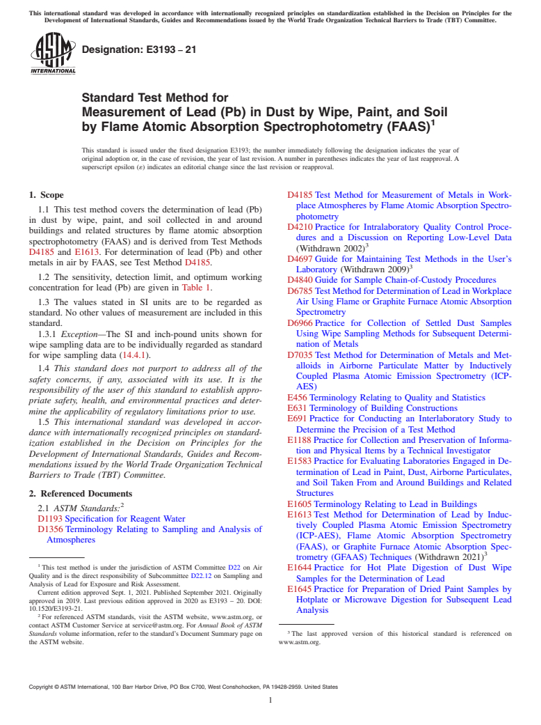 ASTM E3193-21 - Standard Test Method for Measurement of Lead (Pb) in Dust by Wipe, Paint, and Soil by Flame Atomic Absorption Spectrophotometry (FAAS)