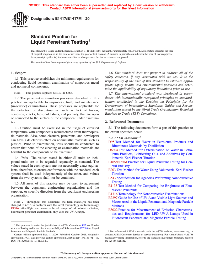 ASTM E1417/E1417M-20 - Standard Practice for  Liquid Penetrant Testing