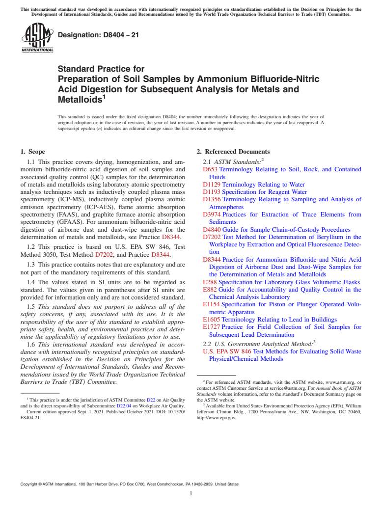 ASTM D8404-21 - Standard Practice for Preparation of Soil Samples by Ammonium Bifluoride-Nitric Acid  Digestion for Subsequent Analysis for Metals and Metalloids