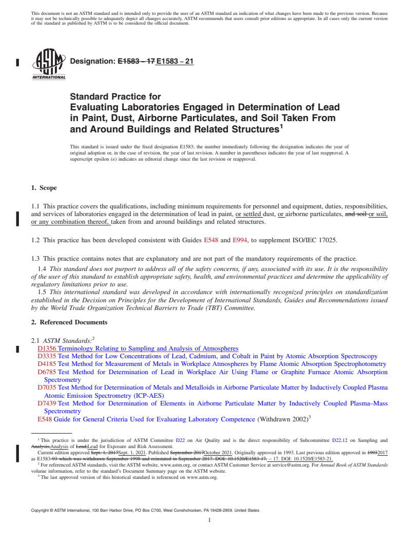 REDLINE ASTM E1583-21 - Standard Practice for Evaluating Laboratories Engaged in Determination of Lead in  Paint, Dust, Airborne Particulates, and Soil Taken From and Around  Buildings and Related Structures