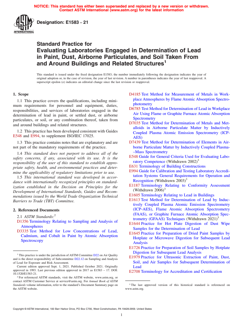 ASTM E1583-21 - Standard Practice for Evaluating Laboratories Engaged in Determination of Lead in  Paint, Dust, Airborne Particulates, and Soil Taken From and Around  Buildings and Related Structures
