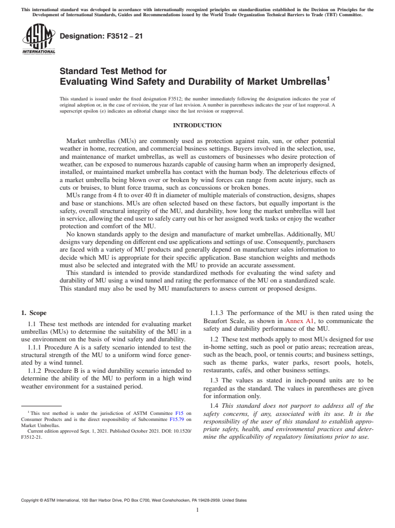 ASTM F3512-21 - Standard Test Method for Evaluating Wind Safety and Durability of Market Umbrellas