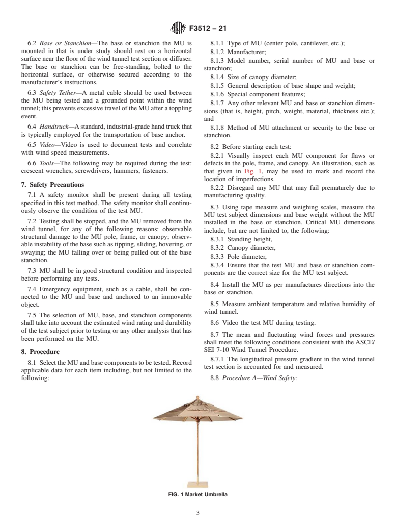 ASTM F3512-21 - Standard Test Method for Evaluating Wind Safety and Durability of Market Umbrellas