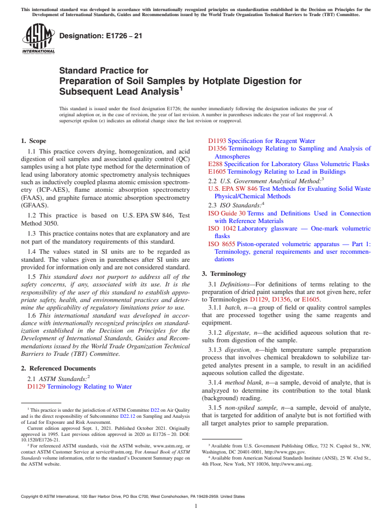 ASTM E1726-21 - Standard Practice for  Preparation of Soil Samples by Hotplate Digestion for Subsequent  Lead Analysis