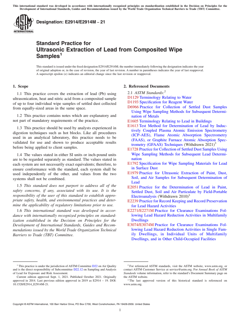 ASTM E2914/E2914M-21 - Standard Practice for Ultrasonic Extraction of Lead from Composited Wipe Samples