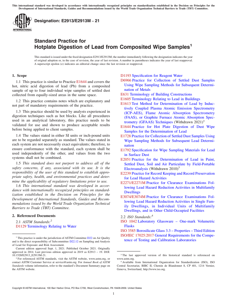 ASTM E2913/E2913M-21 - Standard Practice for Hotplate Digestion of Lead from Composited Wipe Samples