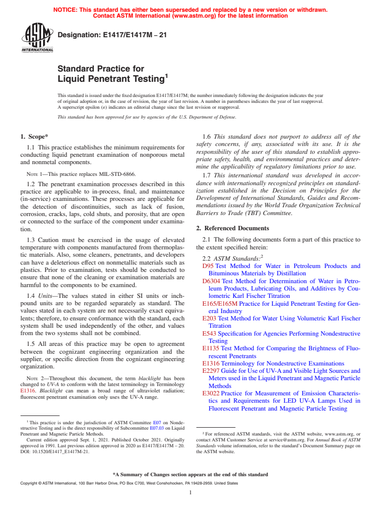 ASTM E1417/E1417M-21 - Standard Practice for  Liquid Penetrant Testing