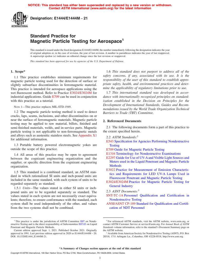 ASTM E1444/E1444M-21 - Standard Practice for  Magnetic Particle Testing for Aerospace