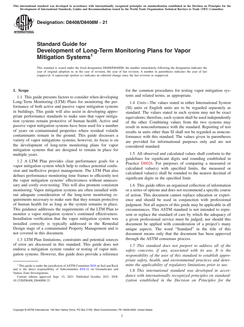 ASTM D8408/D8408M-21 - Standard Guide for Development of Long-Term Monitoring Plans for Vapor Mitigation  Systems